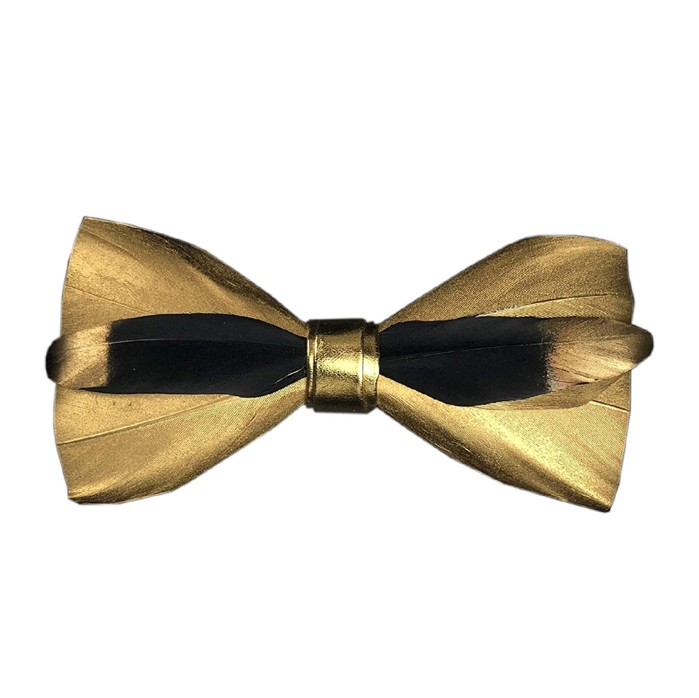 Mens Natural Feather Pre Tie Bow Tie Gold Black